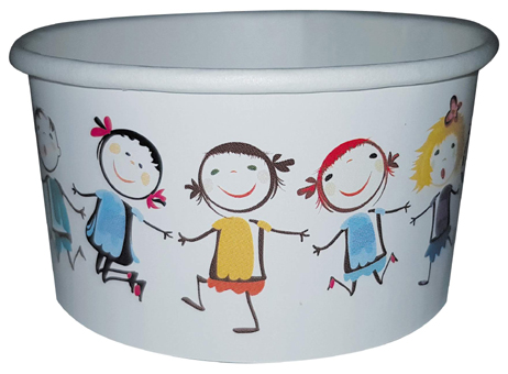 Kindereisbecher für 1 Eiskugel. GroßHandel Eis GmbH. Kindereisbecher mit Motiv tanzende Kinder. Pap 21 im Altpapier zu entsorgen