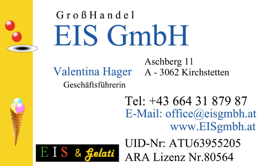 Visitkarte GroßHandel EIS GmbH. Valentina Hager - Geschäftsführerin der GroßHandel Eis GmbH