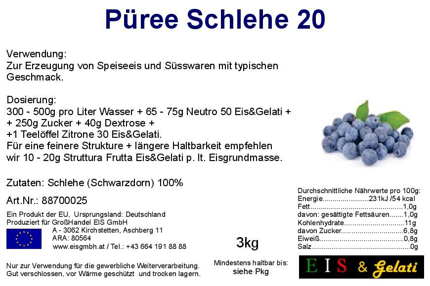 Heilpflanze Schlehe oder Schlehdorn. Schlehenpüree für Schleheneis, Konditoreiprodukte, Säfte und Smoothies. Eis & Gelati