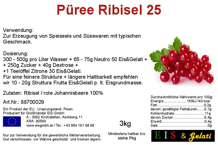 Etikette Püree Ribisel. Multivitaminbombe rote Ribisel für Eis und Konditoreiprodukte. Eis & Gelati. GroßHandel Eis GmbH
