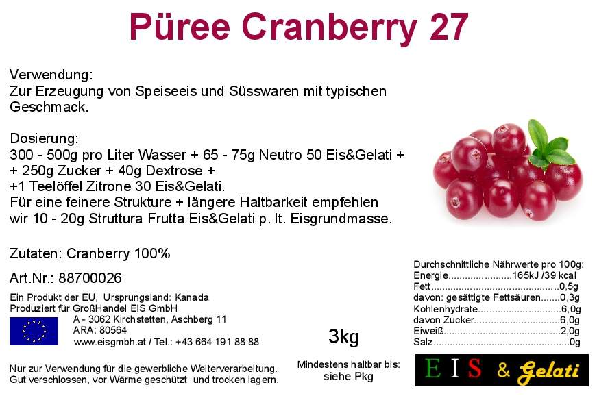Eis & Gelati Cranberry für Speiseeis, Smoothies, Saucen zur Eisdekoration und Fleischgerichte, Konditoreiprodukte, Marmeladen