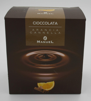 Kakao Manuel. Kakaomischung Geschmack Orange und Zimt. Italienische Puddingschokolade