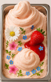 Sigep 2026. Frühlingseis mit Blüten und Fruchtsauce Sigep 2026. Frühlingseis mit Blüten und Fruchtsauce