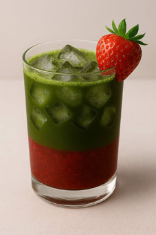 Erdbeer Matcha. Matcha Grüntee mit Erdbeer Variation und Eiswürfeln