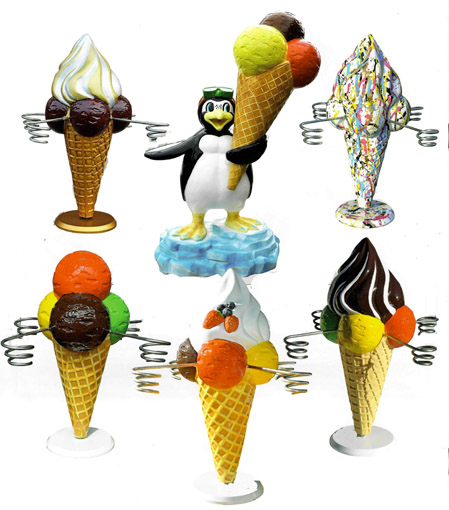 Eiswerbung Werbeeistüten, Außenwerbung bunte Eistüten, Pulttütenhalter, 3D Eistüten