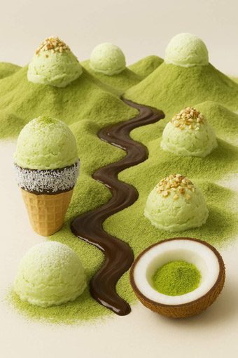 Matcha Kokos Landschaft mit Schoko Kokos Tüte und Matcha Kokos Eis Matcha Kokos Landschaft mit Schoko Kokos Tüte und Matcha Kokos Eis