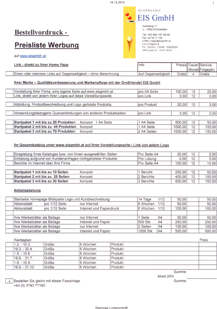 Preisliste per 14.12.2010