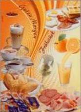 Plakat. Fruehstueck mit Toast, Caffee, Wurst, Fruchtsaft, Butter und Marmelade
