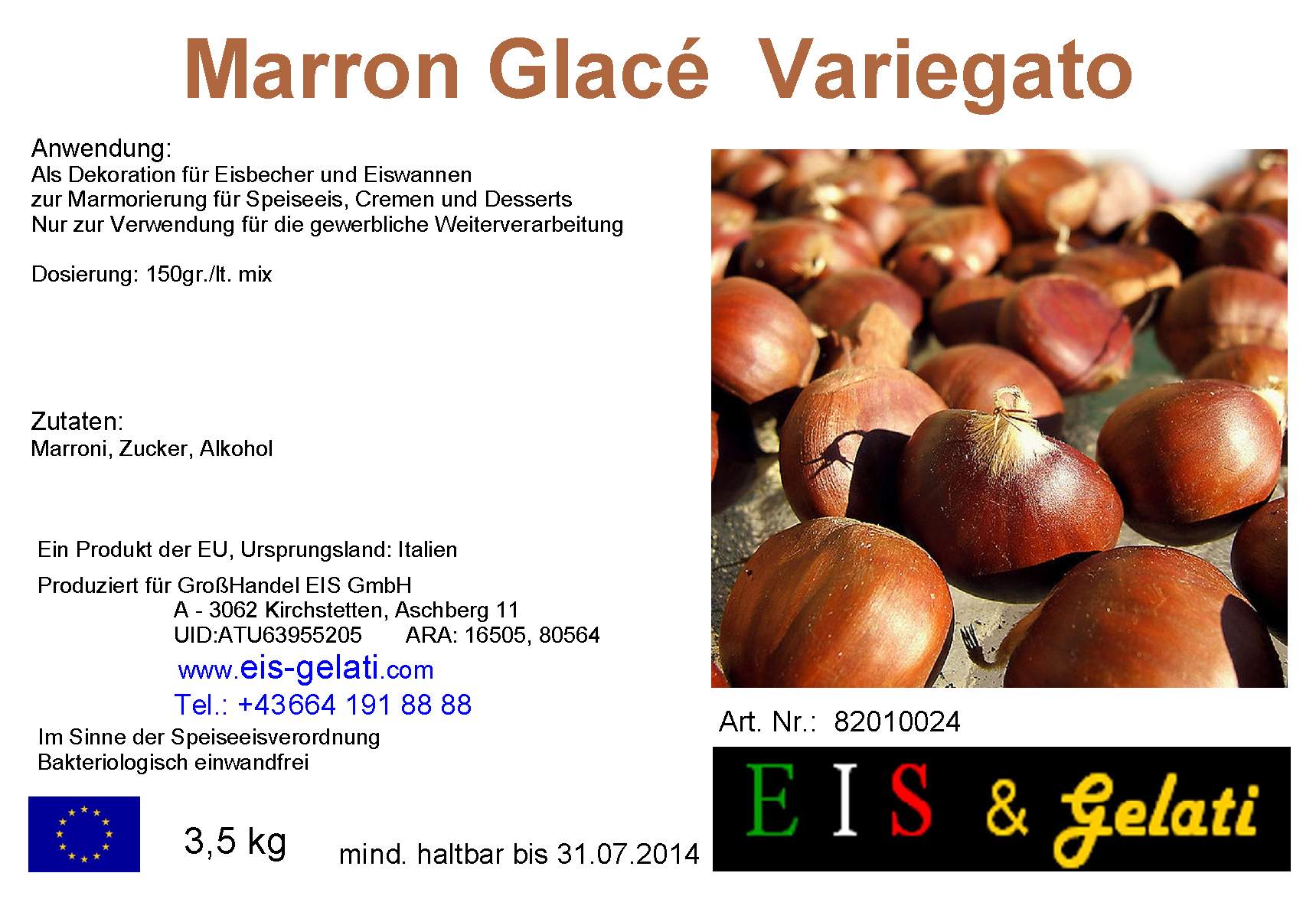 Eis & Gelati Variegato. Fruchteispasten und Milcheispasten zur Variation von Speiseeis, um Speiseeis färbig und geschmacklich zu variieren. Zur Marmorierung von Cremen, Halbgefrorenem, Schlagobers, Pudding. Zur Verstärkung von Früchten und Dekoration von Eiscups, Eiswannen, in der Eisvitrine, Torten und anderen Nachspeisen. Vielseitig verwendbar für die Eisdiele, Eissalon, Eiscafe, Konditorei, Großküche, Gastronomie. Eis & Gelati Servicepartner