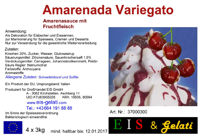 Eis & Gelati Variegato. Fruchteispasten und Milcheispasten zur Variation von Speiseeis, um Speiseeis färbig und geschmacklich zu variieren. Zur Marmorierung von Cremen, Halbgefrorenem, Schlagobers, Pudding. Zur Verstärkung von Früchten und Dekoration von Eiscups, Eiswannen, in der Eisvitrine, Torten und anderen Nachspeisen. Vielseitig verwendbar für die Eisdiele, Eissalon, Eiscafe, Konditorei, Großküche, Gastronomie. Eis & Gelati Servicepartner