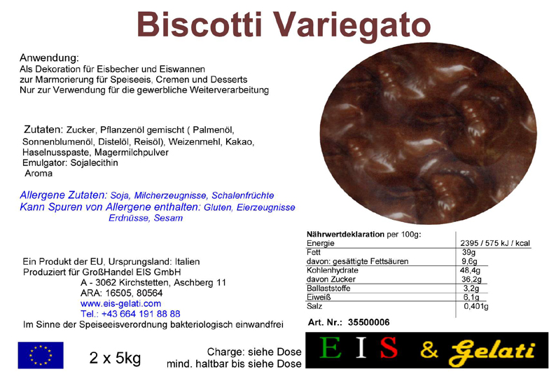 Eis & Gelati Variegato. Fruchteispasten und Milcheispasten zur Variation von Speiseeis, um Speiseeis färbig und geschmacklich zu variieren. Zur Marmorierung von Cremen, Halbgefrorenem, Schlagobers, Pudding. Zur Verstärkung von Früchten und Dekoration von Eiscups, Eiswannen, in der Eisvitrine, Torten und anderen Nachspeisen. Vielseitig verwendbar für die Eisdiele, Eissalon, Eiscafe, Konditorei, Großküche, Gastronomie. Eis & Gelati Servicepartner