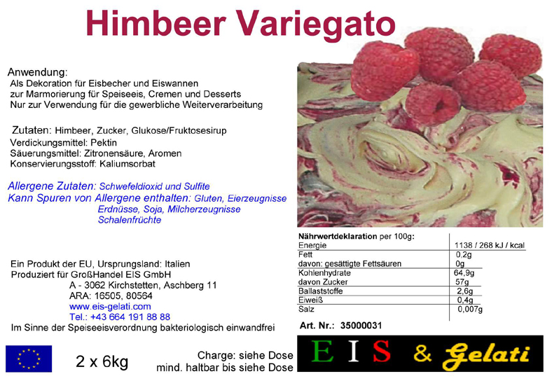 Eis & Gelati Variegato. Fruchteispasten und Milcheispasten zur Variation von Speiseeis, um Speiseeis färbig und geschmacklich zu variieren. Zur Marmorierung von Cremen, Halbgefrorenem, Schlagobers, Pudding. Zur Verstärkung von Früchten und Dekoration von Eiscups, Eiswannen, in der Eisvitrine, Torten und anderen Nachspeisen. Vielseitig verwendbar für die Eisdiele, Eissalon, Eiscafe, Konditorei, Großküche, Gastronomie. Eis & Gelati Servicepartner