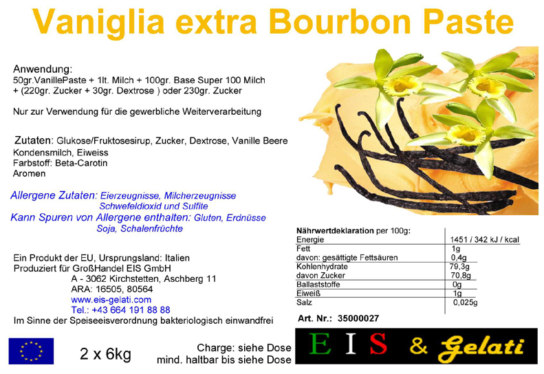 Eis & Gelati Vanille extra Bourbon Eispaste. Milcheispaste zur Herstellung von Speiseeis mit dem Geschmack Vanille Bourbon