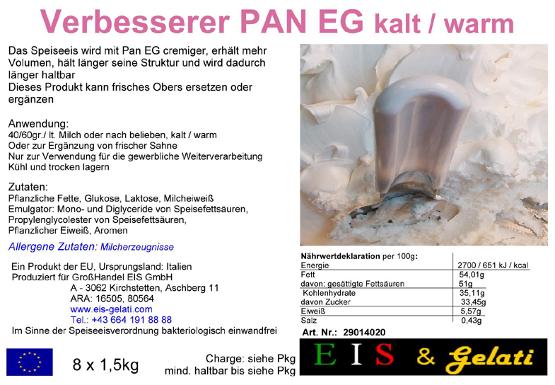 Eis & Gelati Pan EG kalt und warm. Verbesserer für mehr Cremigkeit und wärmeres Speiseeis.