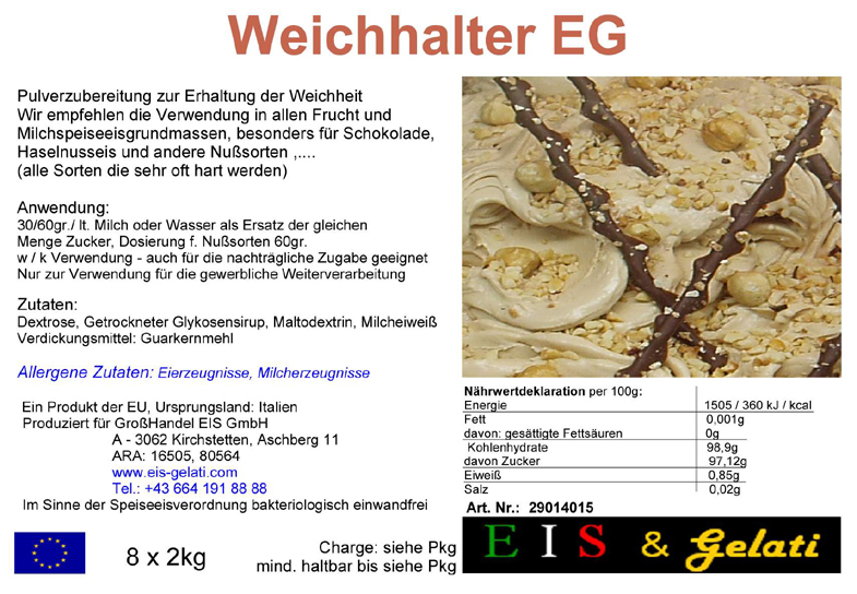 Eis & Gelati Weichhalter. Verbesserer für Speiseeis für weicheres Eis. Speziell für Nusssorten und Schokolade aber auch für Speiseeis welches länger Zeit weich bleiben soll.