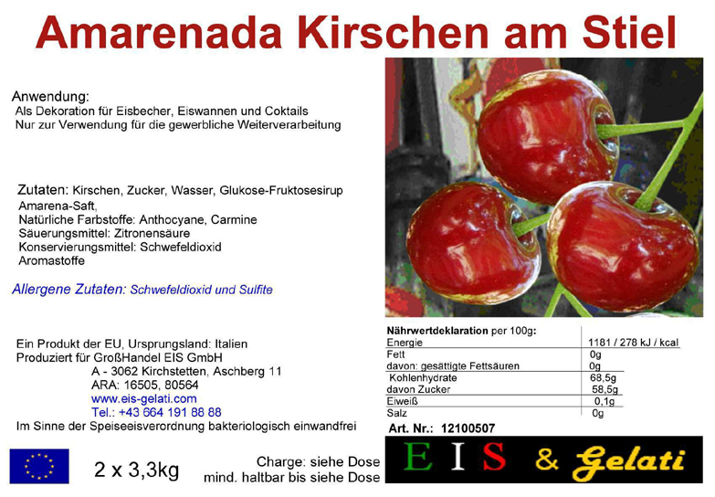 Eis & Gelati Amarenada Kirschen ganz mit Stiel. Zur Eisdekoration und Konditoreibedarf, Cocktails, 