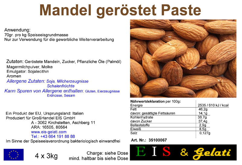Eis & Gelati geröstete Mandel Paste für die Zubereitung von Mandel Eis, Mandel Torte, Mandel Creme