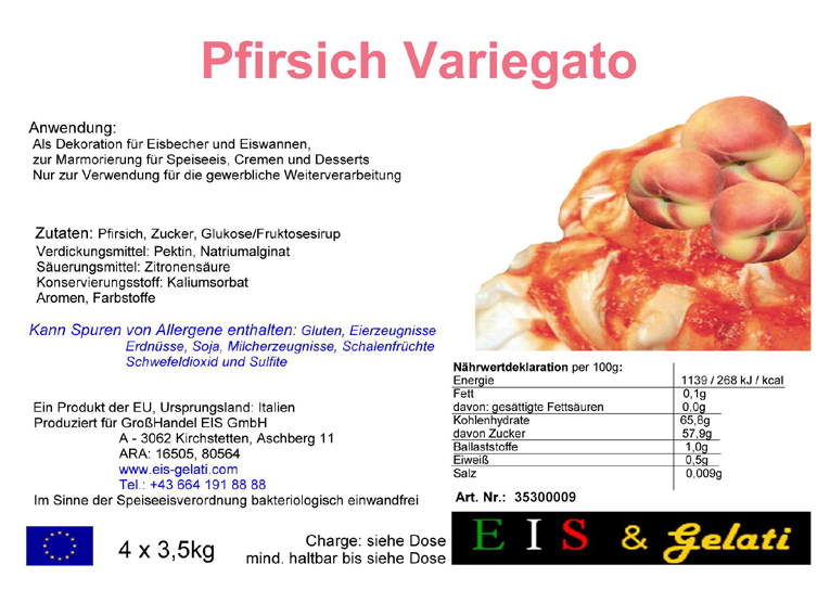 Eis & Gelati Variegato. Fruchteispasten und Milcheispasten zur Variation von Speiseeis, um Speiseeis färbig und geschmacklich zu variieren. Zur Marmorierung von Cremen, Halbgefrorenem, Schlagobers, Pudding. Zur Verstärkung von Früchten und Dekoration von Eiscups, Eiswannen, in der Eisvitrine, Torten und anderen Nachspeisen. Vielseitig verwendbar für die Eisdiele, Eissalon, Eiscafe, Konditorei, Großküche, Gastronomie. Eis & Gelati Servicepartner