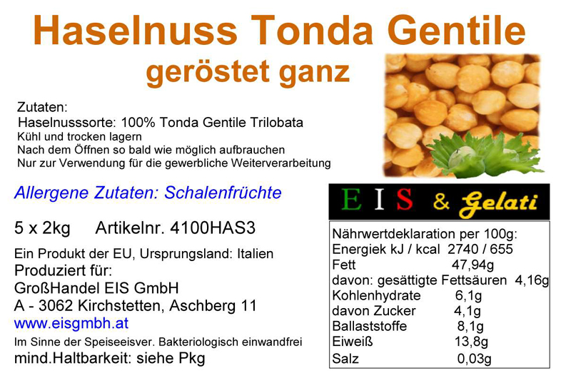 Eis & Gelati, 100% Haselnuss Cuneese Extra geröstet und geschält, ganz. Aus Cuneo / Piemonte. Haselnüsse der Sorte: Tonda Gentile Trilobata