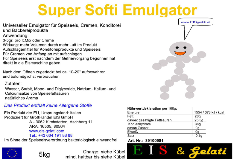 Eis & Gelati. Qualitätsverbesserer für weicheres und cremigeres Speiseeis. Super Softi, Emulgator