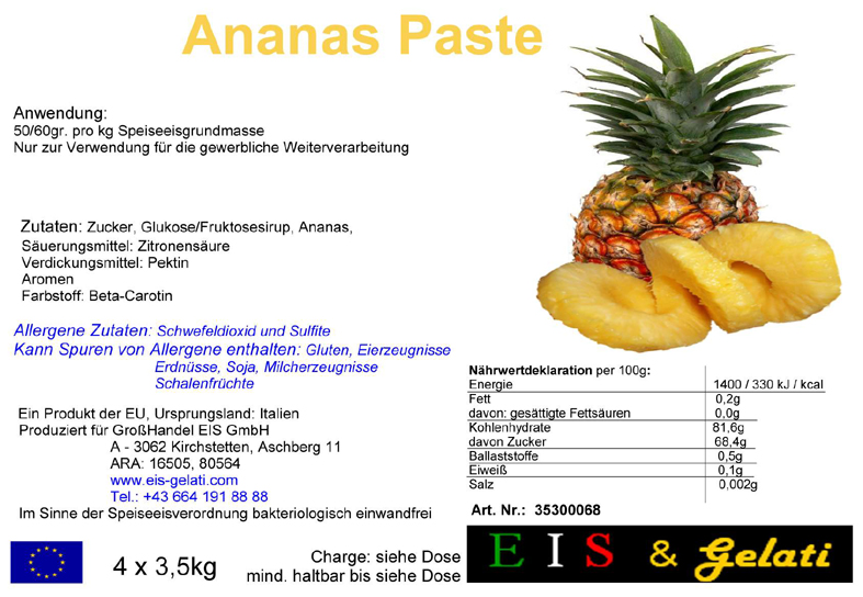Eis & Gelati Eisgrundstoffe und Eisbedarf für die Eisdiele und Konditorei. Fruchteispaste Ananas.
