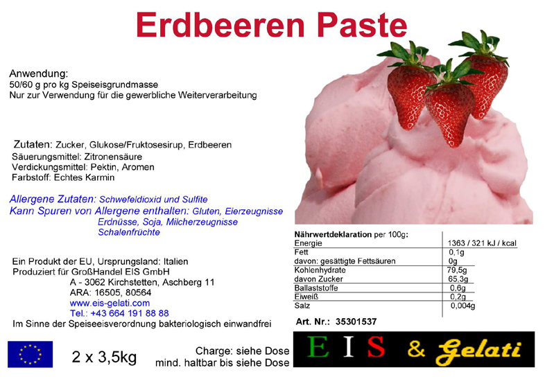 Eis & Gelati Eisgrundstoffe und Eisbedarf für die Eisdiele und Konditorei. Fruchteispaste Erdbeere.