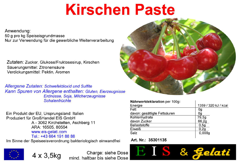 Eis & Gelati Eisgrundstoffe und Eisbedarf für die Eisdiele und Konditorei. Fruchteispaste Kirsche.