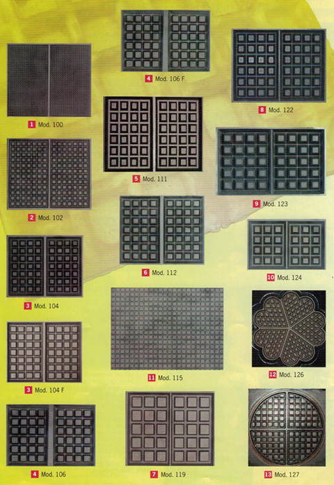 Verschiedene Gussformen für Waffeln. Dünne Waffeln, kleine Waffeln, Zuckerwaffeln, Früchtewaffeln, Brüsseler Waffeln, Lütticher Zuckerwaffeln, Eishörnchenwaffeln, Waffeln für Eistüten, Herzformwaffeln, runde Waffeln, Blinis, Waffeln am Stiel, Sandwichwaffeln, Pizzawaffeln