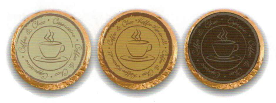 Kaffeezugabe. Schokoladentaler mit Geschmack Cappuccino, Kaffee Karamel und Espresso. Personalisierte Kaffeezugabe. GroßHandel EIS GmbH