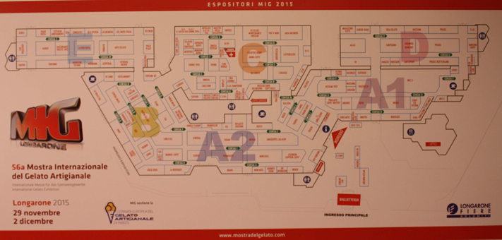 Hallenplan der Fiera Longarone für die MIG Longarone. 6 Hallen für Aussteller im Dienst der Speiseeishersteller und Eisverkäufer.