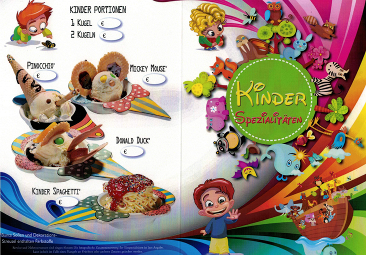 Kindereiskarte. Kinderportionen Eis, Pinocchio Eisbecher, Mickey Mouse Eisbecher, Donald Duck Eisbecher, Kinder Spaghetti Eisbecher