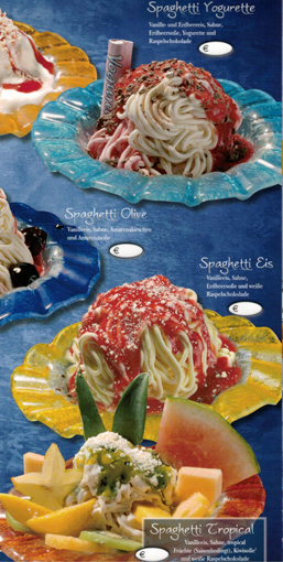 Eiskarte Spaghetti Time. Schwerpunktkarte Innenteil rechts. Yogurette Spaghetti, Spaghetti Olive, Spaghetti Eis Classico, Eisspaghetti Tropicale. GroßHandel Eis GmbH