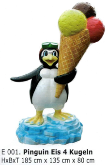 Eispinguin. Außenwerbung Pinguin für Speiseeis mit Werbestanitzel und 4 Eiskugeln