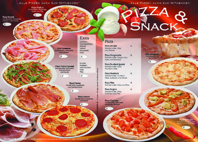 Standardkarte Pizza & Snack Karte mit verschiedenen Pizzen und Toastvariationen. GroßHandel Eis GmbH