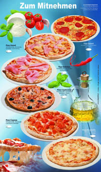 Plakat zum Mitnehmen für Pizzen. Größe nach Wunsch
