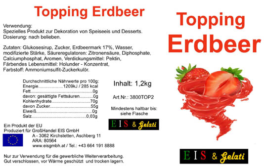 Eis & Gelati Topping - Dessertsaucen. Übergußsaucen zur Dekoration von Eiscups und Nachspeisen für Eissalon, Konditorei, Großküche und Gastronomie in den Sorten Schokolade Sauce, Erdbeer Sauce, Kiwi Sauce, Amarena Sauce, Karamel Sauce, Himbeer Sauce.