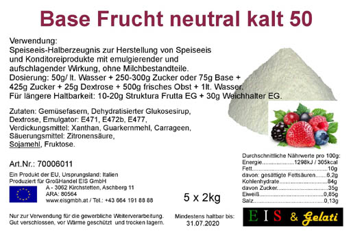 Eis & Gelati. Base Frucht neutral 50. Frucht - Base zur Herstellung eins Speiseeisansatzes