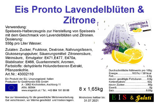 Eis Pronto Kit Lavendelblüten & Zitrone. Pulvermischung für die Herstellung von Speiseeis mit dem Geschmack nach Lavendelblüten und Zitronen