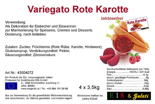 Variegato Rote Karotte mit roten Rüben, Karotten und Himbeeren. Eis & Gelati