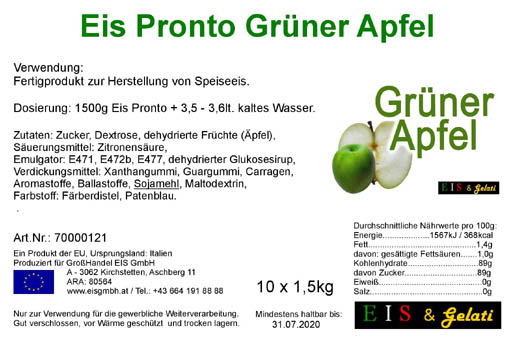 Eis Pronto Grüner Apfel. Pulvermischung für die schnelle Herstellung von Speiseeis mit dem Geschmack nach grünem Apfel