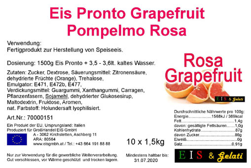 Eis Pronto Grapefruit / Pompelmo Rosa. Pulvermischung für die Herstellung von Speiseeis mit dem Geschmack nach Grapefruit