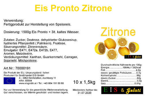 Eis Pronto Zitrone. Pulvermischung für die Herstellung von Speiseeis mit dem Geschmack nach Zitrone