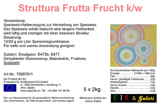 Eis & Gelati Struttura Frutta. Strukturverbesserer für Fruchteis für längere Haltbarkeit, cremigeres Speiseeis mit mehr Luftanteil.