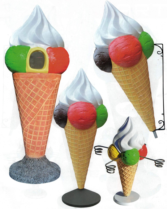 Werbeeistüte 3D Werbe-Eishörnchen. Cono pubblicita Gelato. Eisstanitzel 4 Eiskugeln. Werbung für die Theke, Hängeeistüte und mit Sockel. Bunt