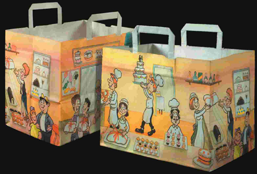 Papiertragetaschen bunt. Shoppers mit Konditoreimotiv für Eisboxen und Konditoreiprodukte