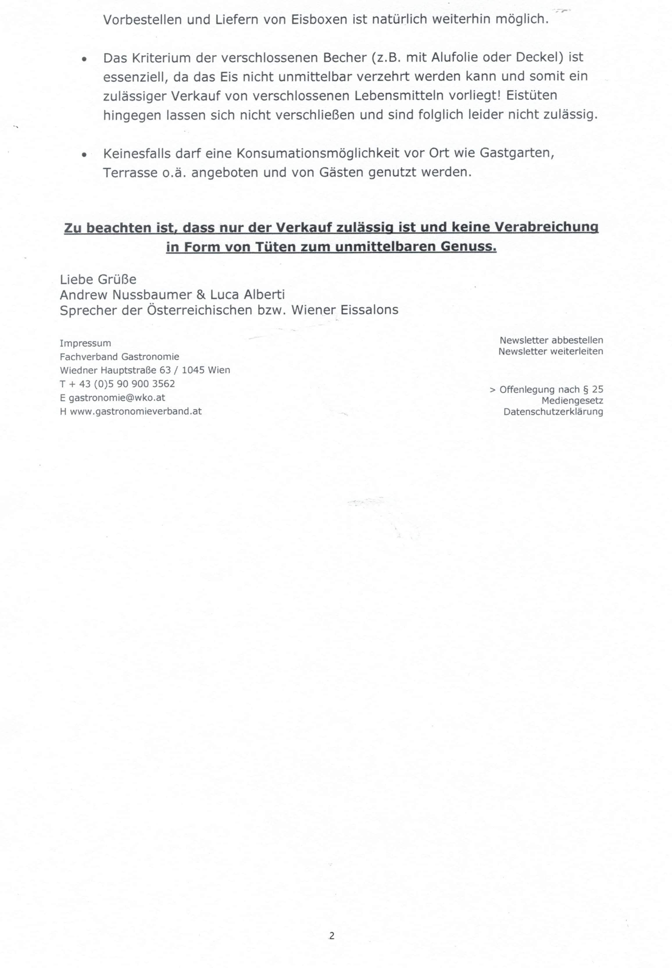 Newsletter Fachverband der Gastronomie v. 17.4.2020 Eissalons