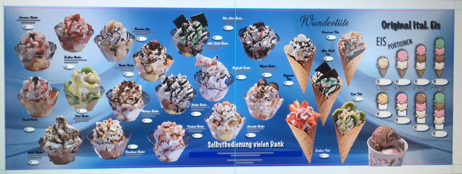 Eiswerbung. Werbung über der Eisvitrine für Eis zum Mitnehmen. Tafeln, Plakate und Abziehbilder