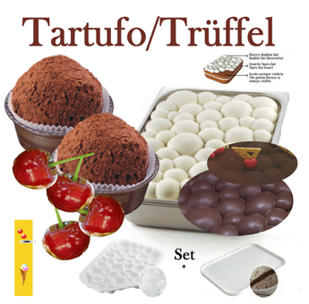 Kit Trüffel als Speiseeis. Tartufo Eis mit Amarenada Kirschen, Nougat und Kakaopulver. Eis & Gelati