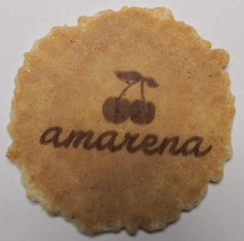 Eis & Waffel. Runde Waffel, 6 cm mit eigenem Logo. Personalisierte Eisdekoration. Amarena